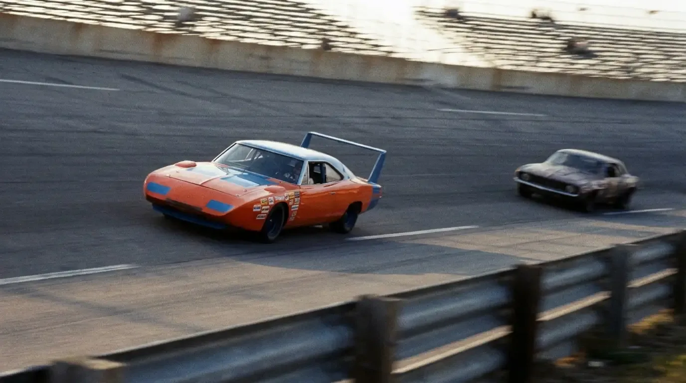 1969 Dodge Charger Daytona leading on a NASCAR superspeedway banking