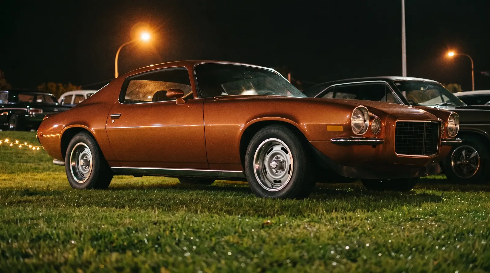 1970 Chevrolet Camaro, coupe on a show lawn at night