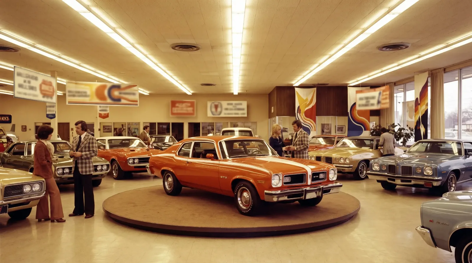 1974 Pontiac dealership showroom floor with GTO
