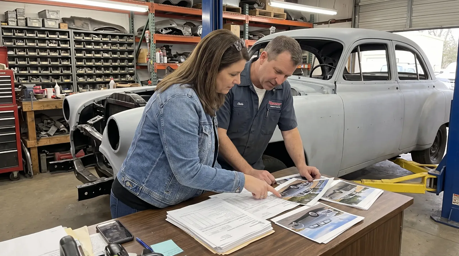 Owner and shop manager reviewing an itemized restoration estimate and photos beside a partially assembled 1950s sedan