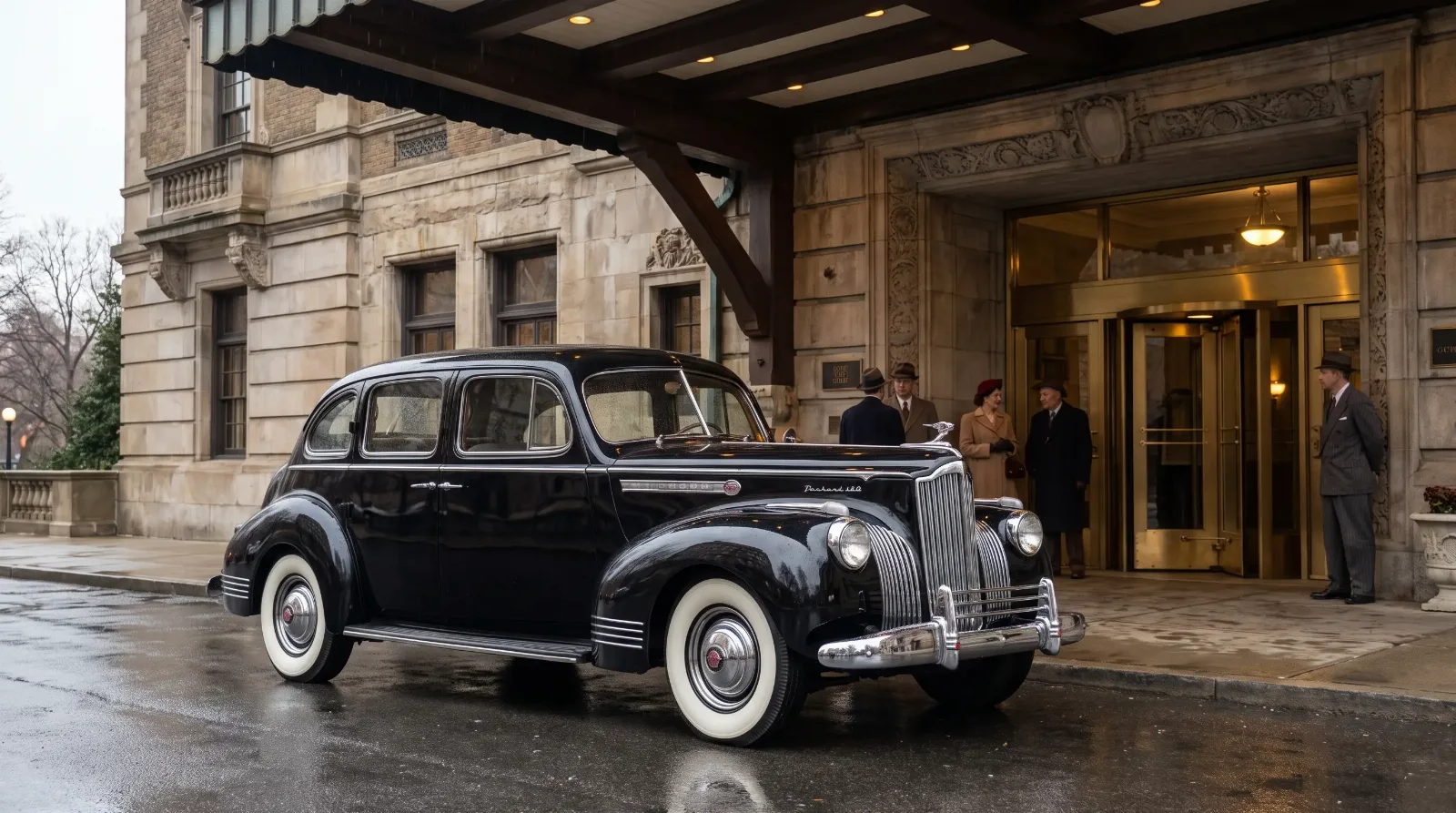 1941 Packard 180 formal sedan parked under a grand hotel porte-cochere