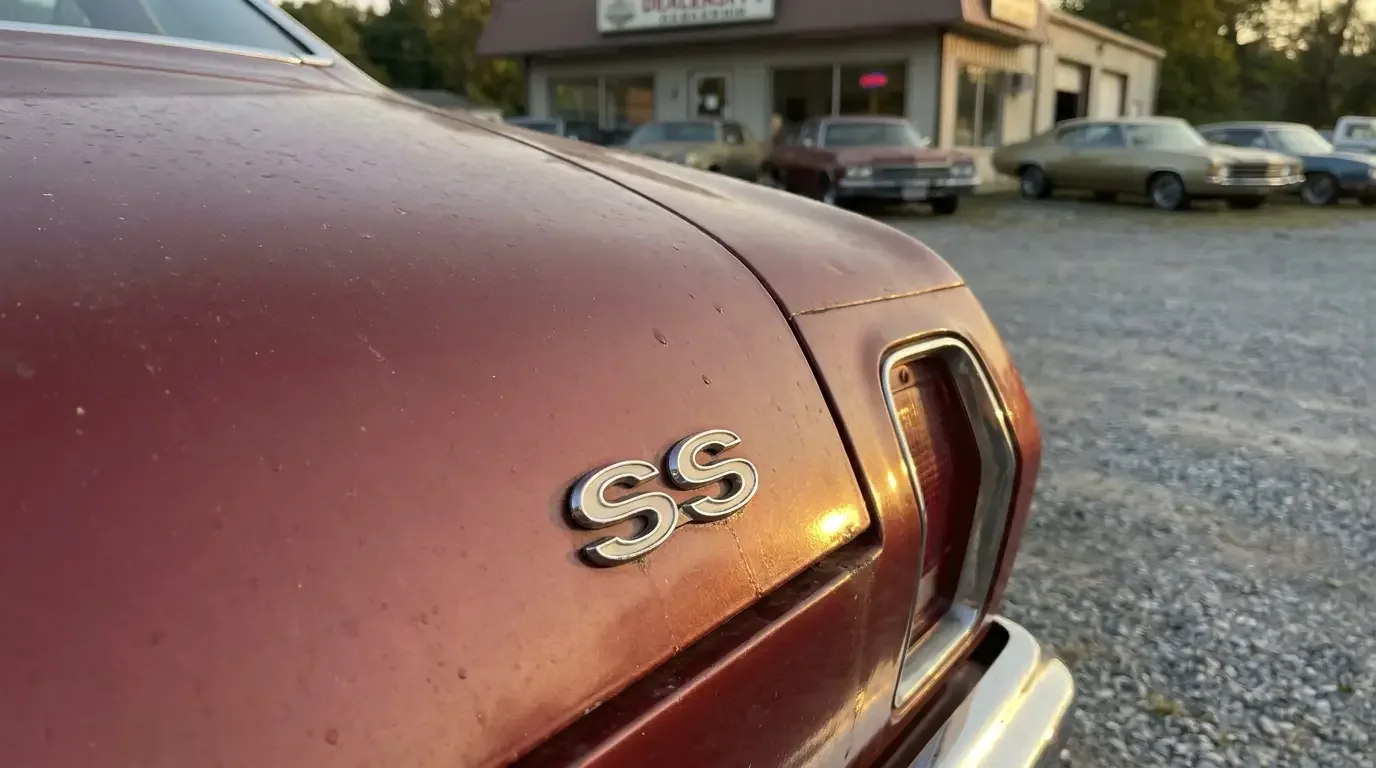 1973 Chevrolet Chevelle SS — trunk lid emblem close-up
