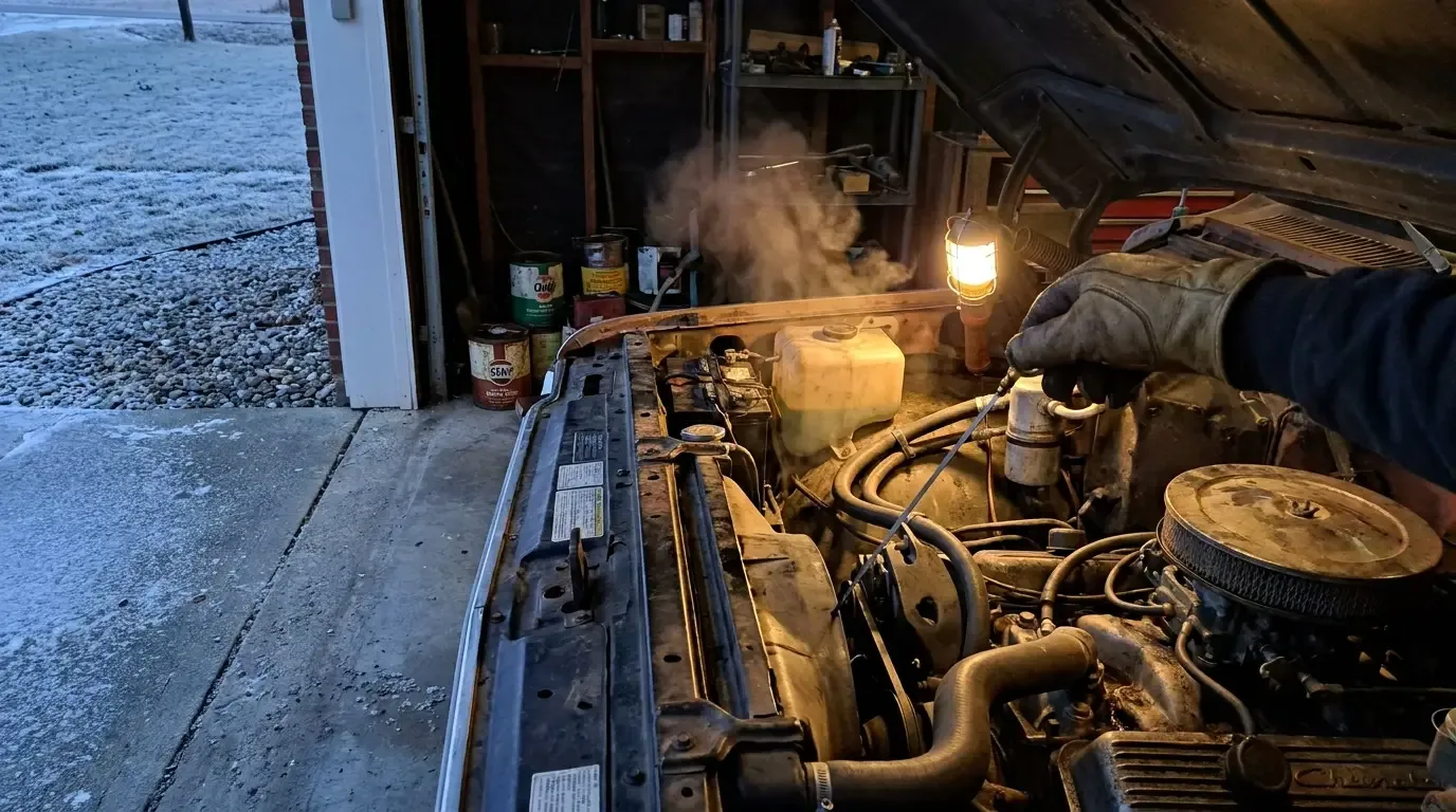 C10 engine bay winter prep -- checking oil and coolant before storage