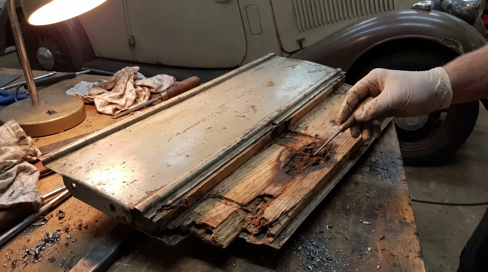 Restorer probing rotted sill wood with an awl