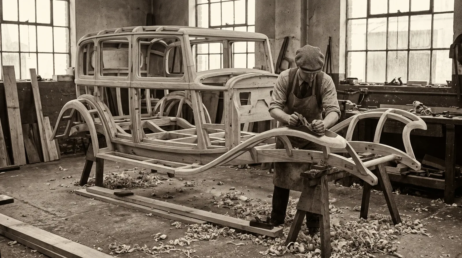 Bare ash wood body frame under construction