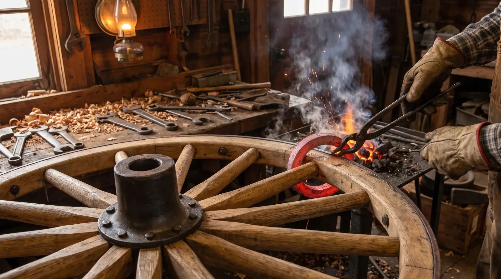 Wheelwright shrinking a steel tire onto a wheel
