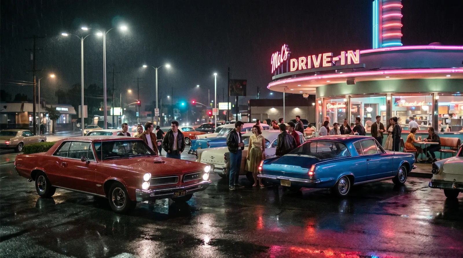 1960s muscle cars lined up outside a neon drive-in on a wide avenue at night