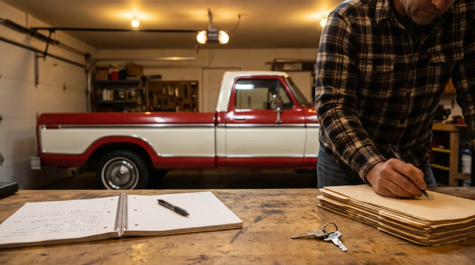 Seller writing listing notes on a garage workbench beside a two-tone 1977 Ford F-100
