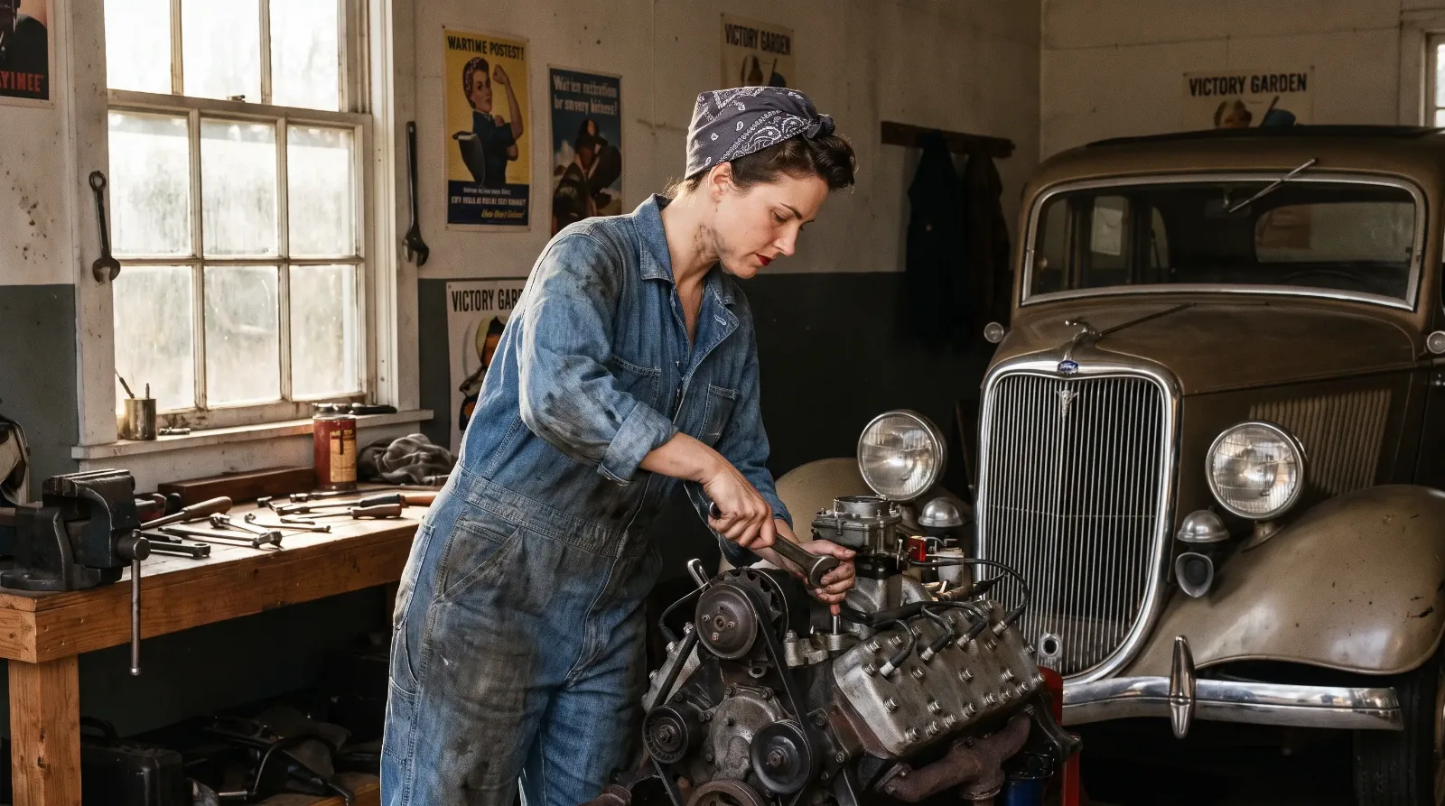 Woman repairing a car engine in a wartime home garage