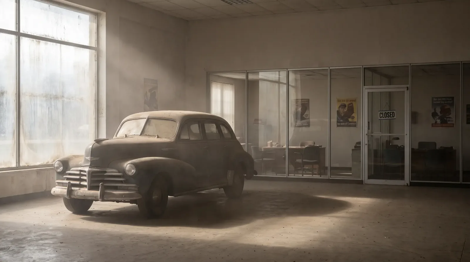 Empty 1943 dealership showroom with a lone unsold sedan
