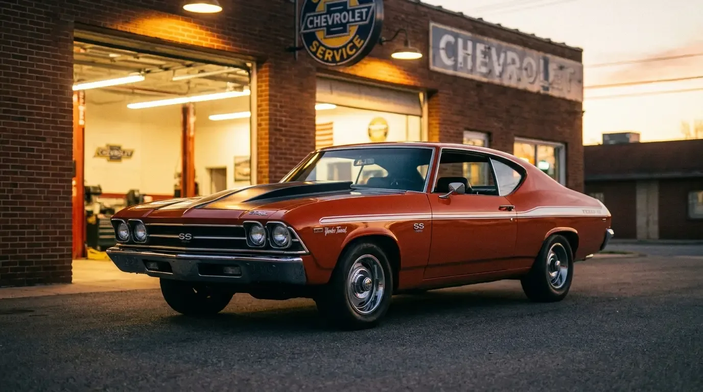1969 Chevrolet Chevelle SS with Yenko dealer decals outside a period dealership