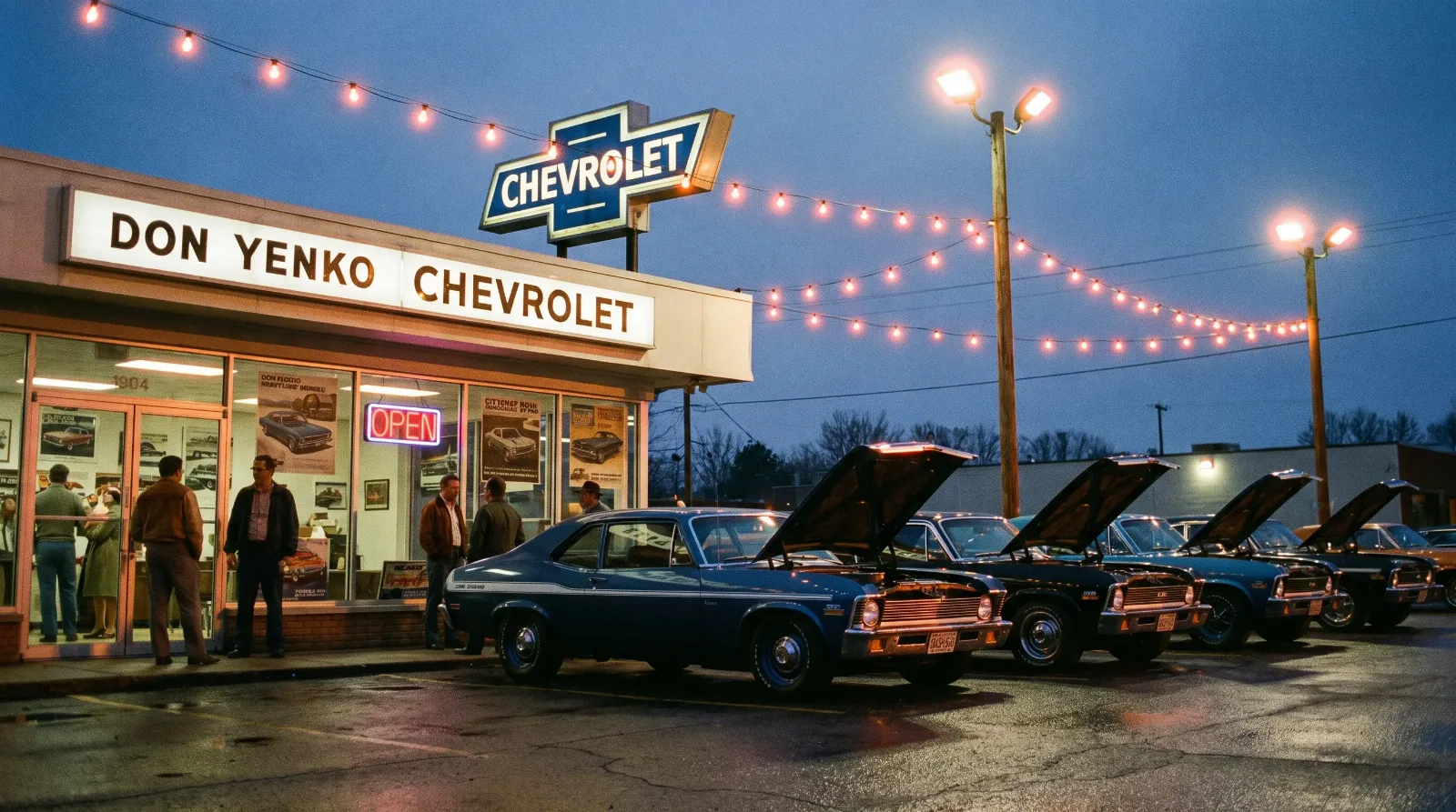 Row of 1969 Chevrolet Nova COPO muscle cars parked on a dealership lot at dusk