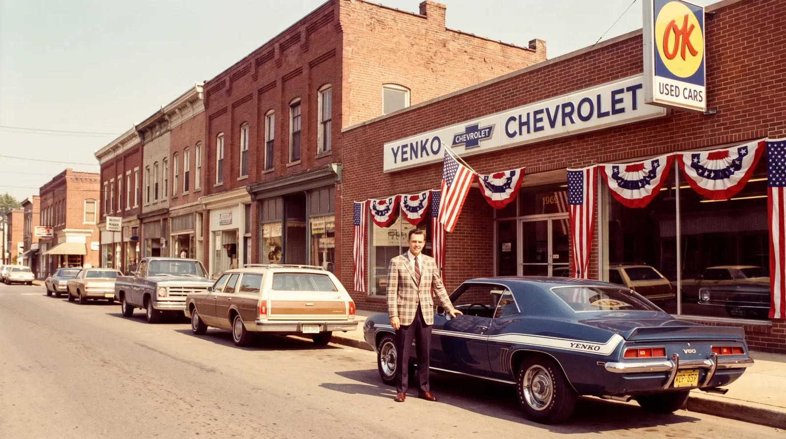 Period Chevrolet dealership scene evoking Don Yenko's Canonsburg, Pennsylvania dealership in the late 1960s