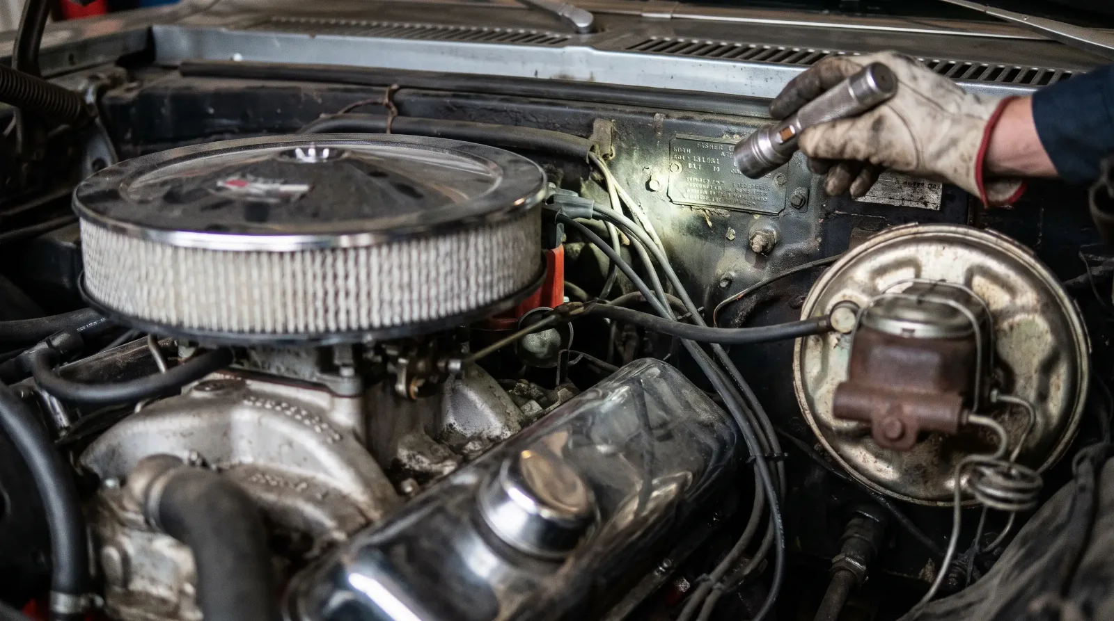Inspector examining the engine bay and firewall stamping of a 1969 Nova with an L72 427
