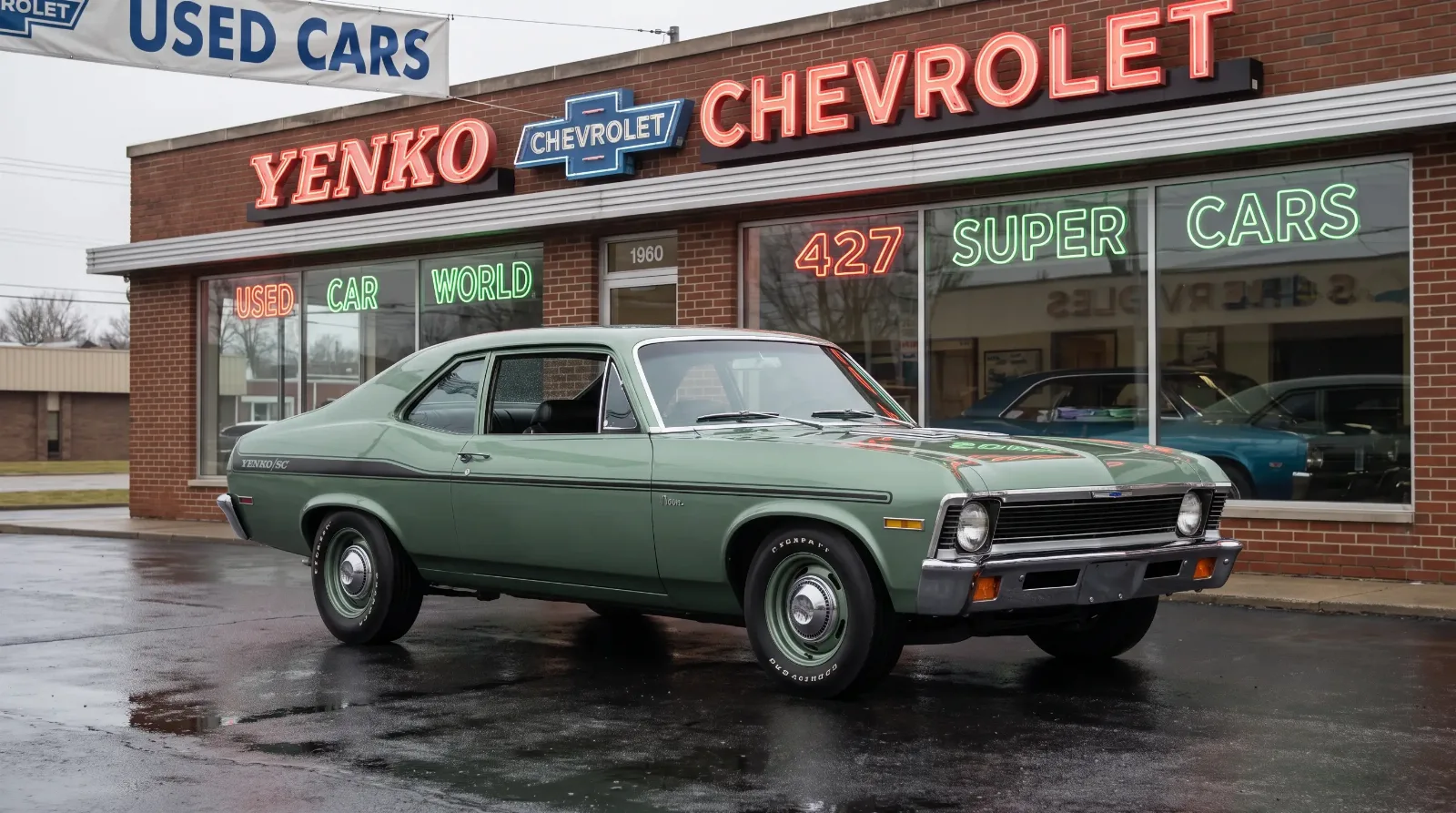 1969 Chevrolet Nova with Yenko-converted 427, Fathom Green with Yenko/SC stripes, parked outside a vintage Chevrolet dealership