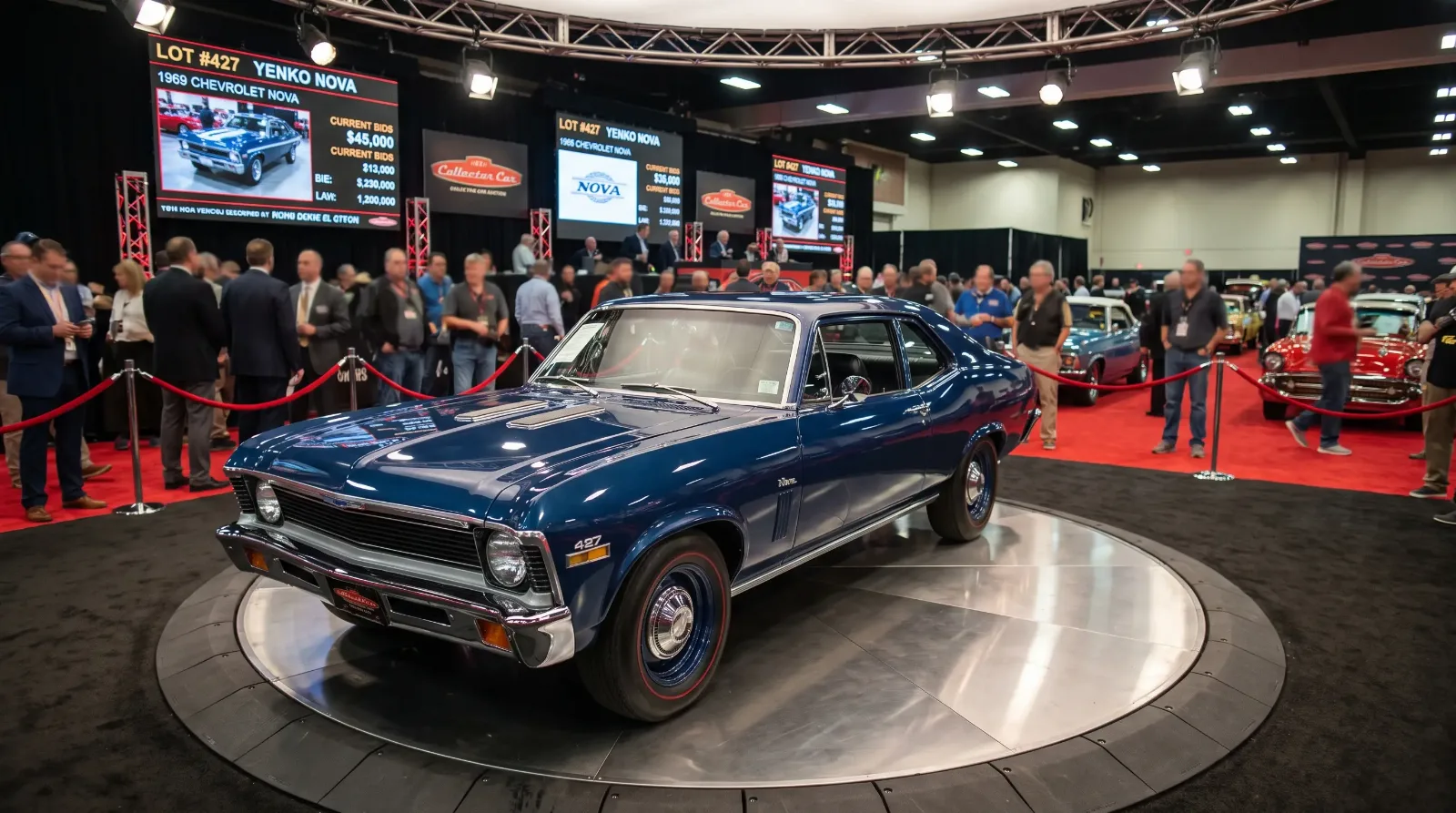 Restored 1969 Chevrolet Yenko Nova 427 on display at a collector car auction floor