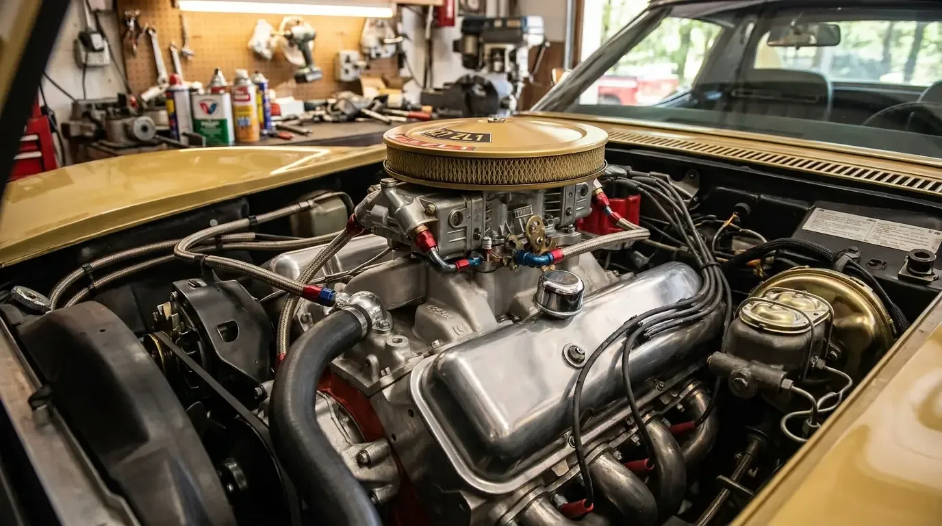 Close-up of the 1969 Chevrolet Corvette ZL1 all-aluminum 427 cubic inch V8 engine, the Can-Am-derived racing powerplant with aluminum block and heads