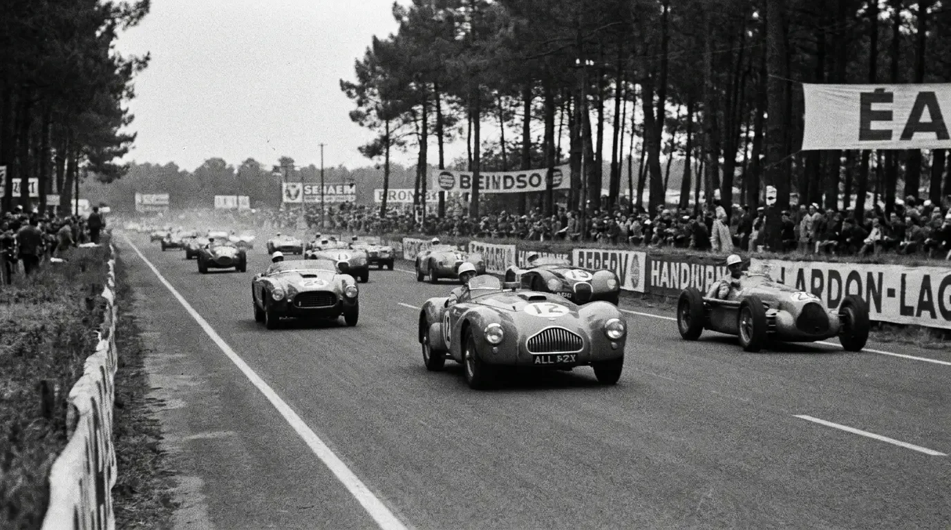 Vintage 1950s Le Mans racing scene showing sports cars at speed on the Mulsanne straight, evoking the competitive world where Zora Arkus-Duntov raced before joining GM