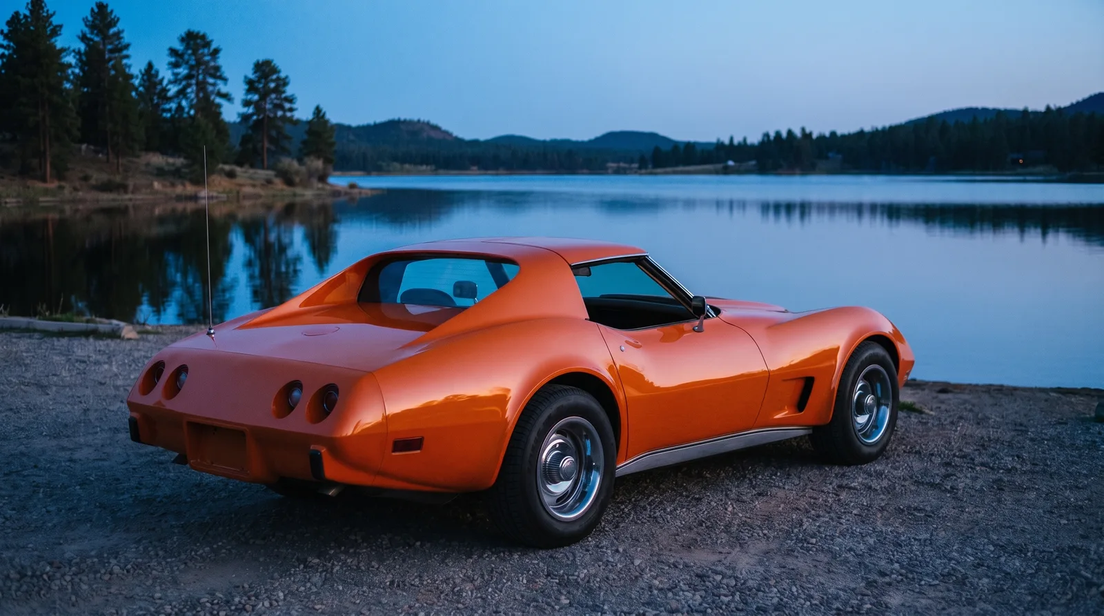 1975 Chevrolet Corvette Stingray, lakeside gravel at dusk